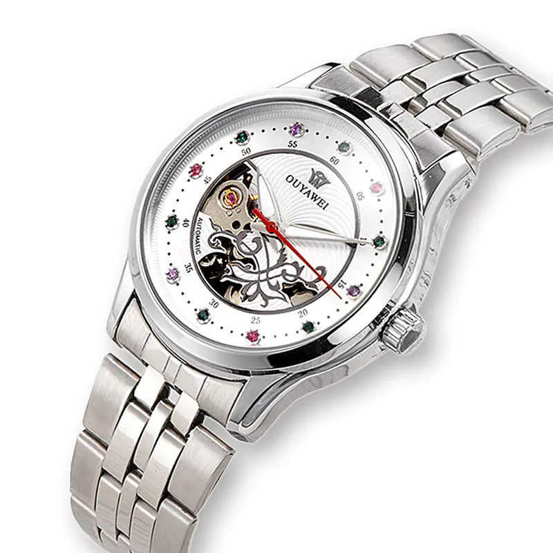 Automatic Hollow Women's Mechanical Watch with Steel Band