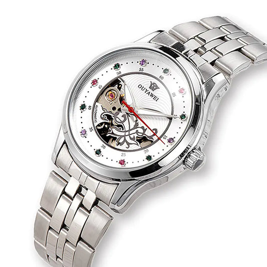 Automatic Hollow Women's Mechanical Watch with Steel Band